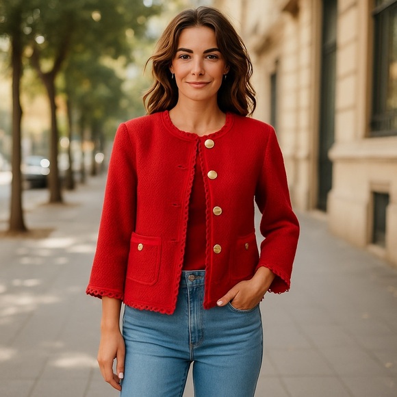 Red Textured Jacket with Gold Buttons - Picture 1 of 7